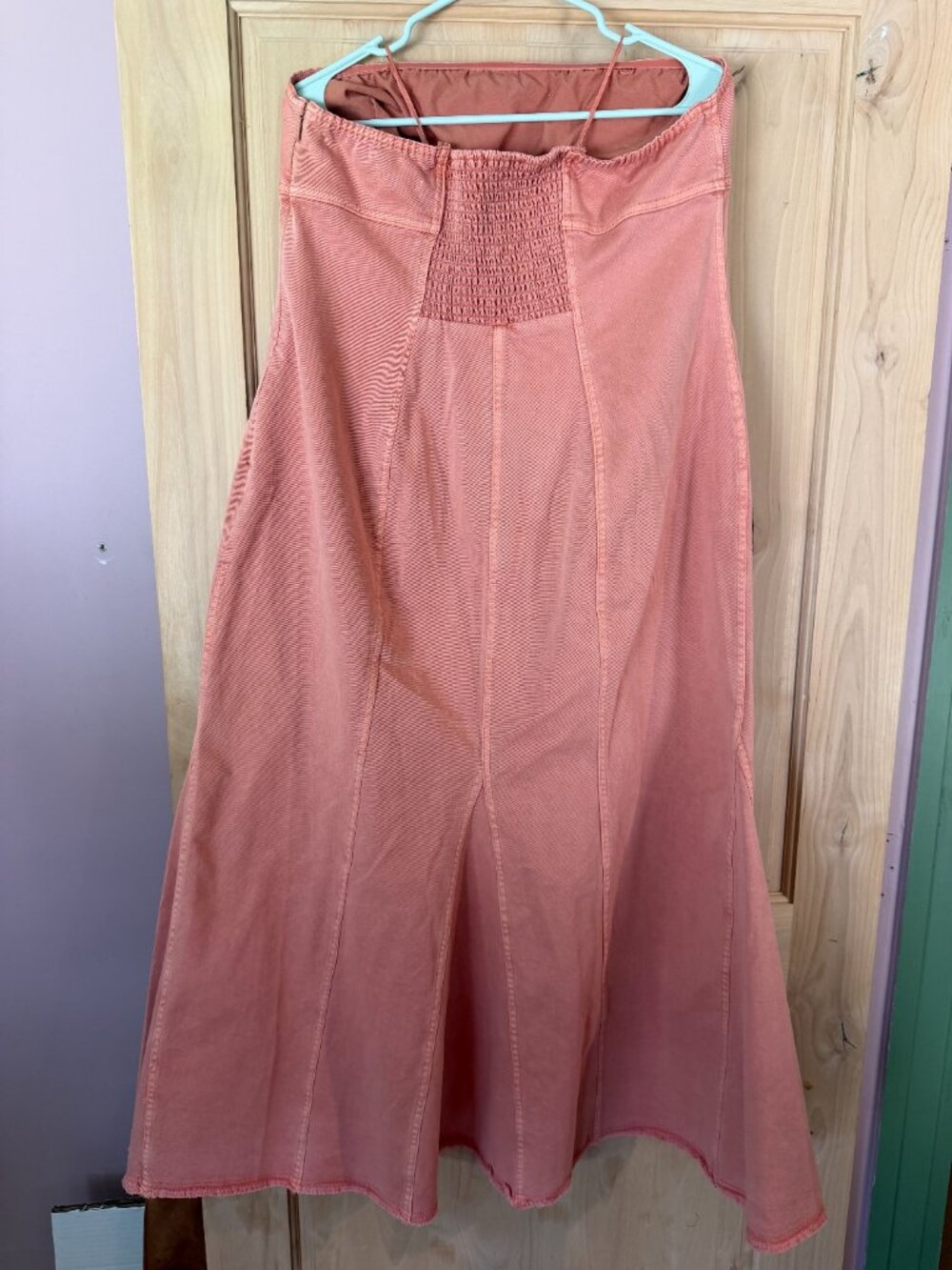 NWT Anthropologie Pilcro Strapless Drop-Waist Denim Midi Dress β Pink/Coral - Picture 3 of 4